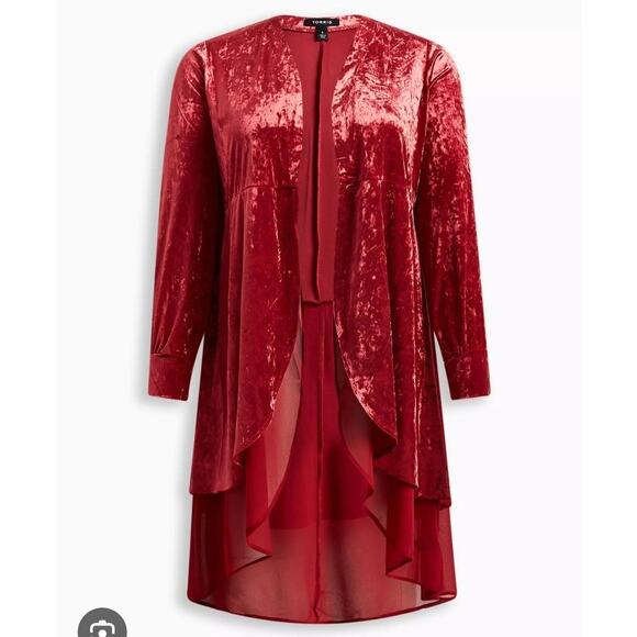 torrid Tops - Torrid Crushed Velvet Chiffon Kimono Duster Plus Size 3X Red Open Front